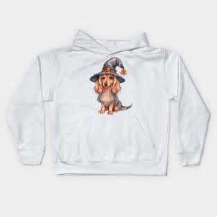 Watercolor Dachshund Dog in Witch Hat Kids Hoodie